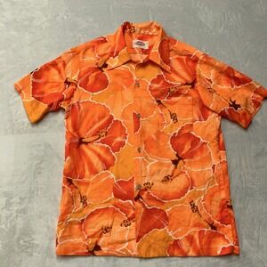 True Vintage 60s 70s Pomare Hawaiian Shirt Barkcloth Orange Hibiscus Aloha Men S